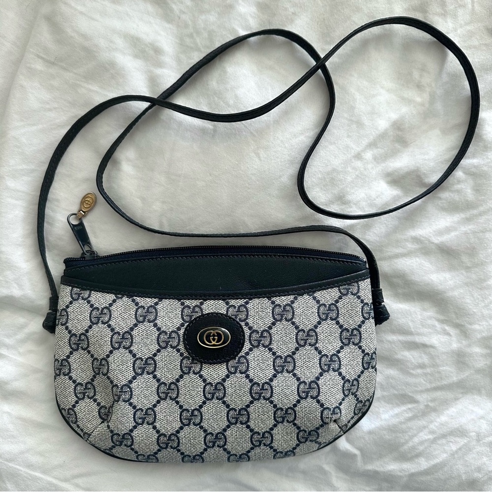Gucci Gray and Black GG Monogram Crossbody with Gold Logo